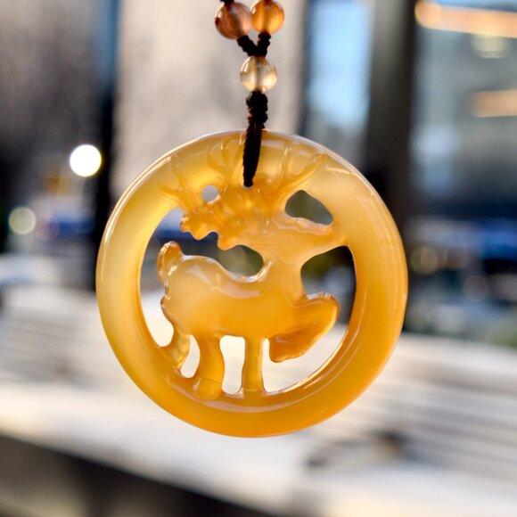 Agate Deer Pendant Necklace - Chinese Jade Stone Beaded Necklace - Picture 5 of 5